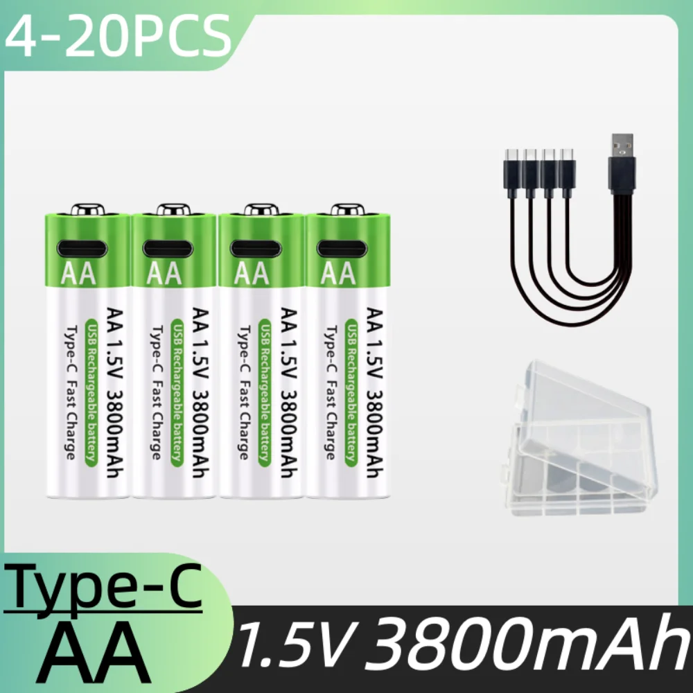 2025 New 1.5V AA USB Rechargeable Battery 3800 mAh Li-ion Battery for Remote Control Mouse Electric Toy Battery + Type-C Cable