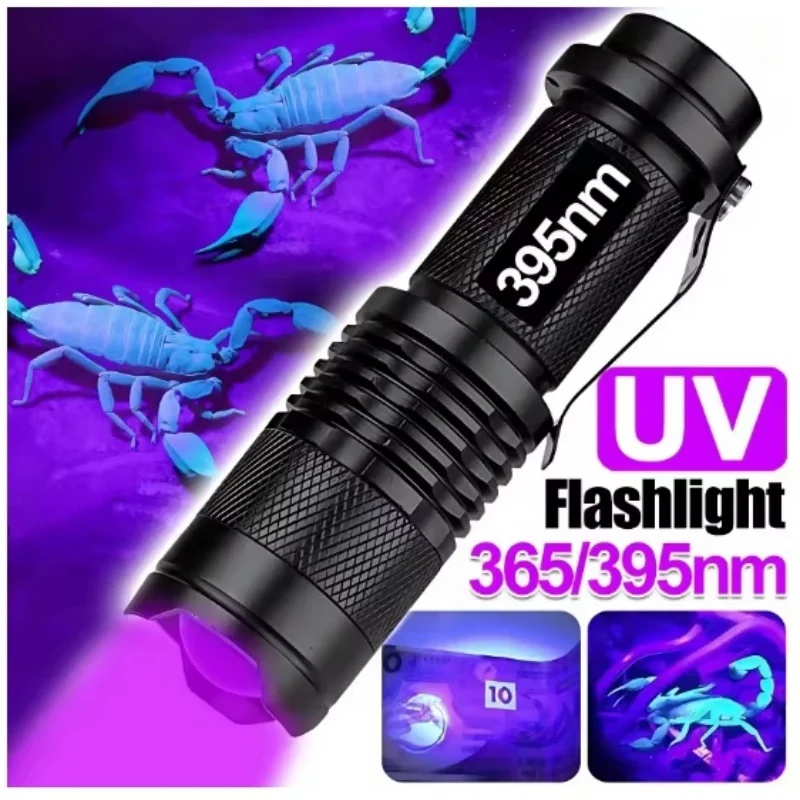 

LED UV Flashlight 365/395nm Portable Mini Ultraviolet Torch Waterproof Zoomable Violet Light Pet Urine Scorpion Detector UV Lamp