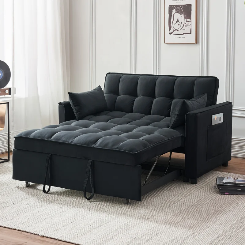 3-in-1 Convertible Sleeper Sofa Bed, Modern Velvet Loveseat Futon Couch Pullout Bed with Adjustable Backrest, Storage Pockets an