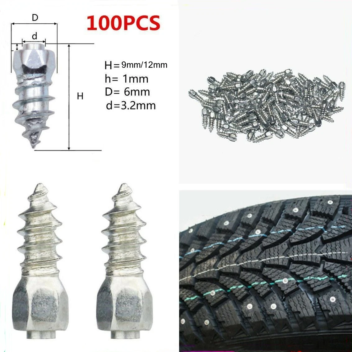 100pcs Car Non-Slip Tire Spikes Wheel Nails Shoe Cleats Tire Boltsbolts for Winter Emergency Bike Car ATV