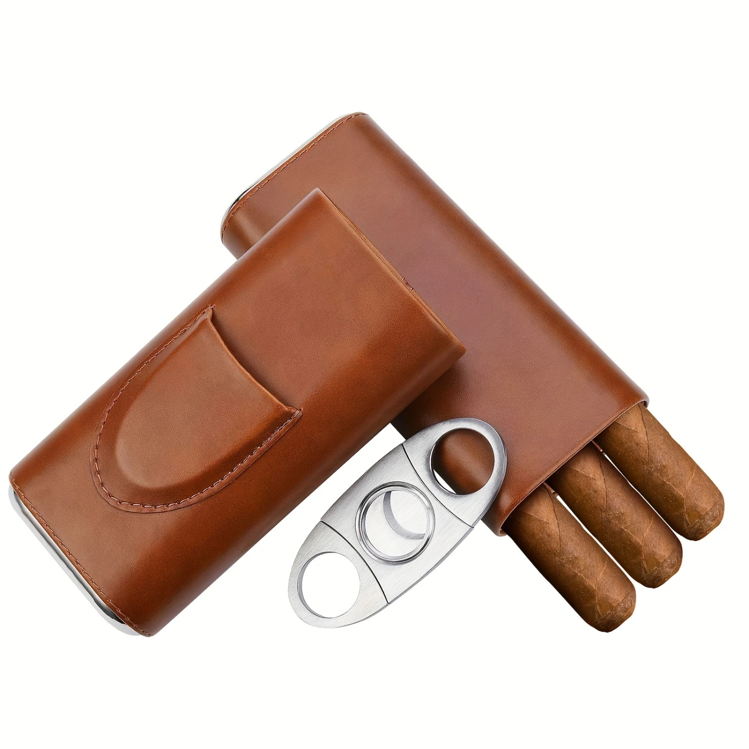 

Premium Brown Leather Portable Cedar Cigar Case - 3-Finger Capacity, Wood Lining, Stainless Steel Cutter - Perfect Gift Box for