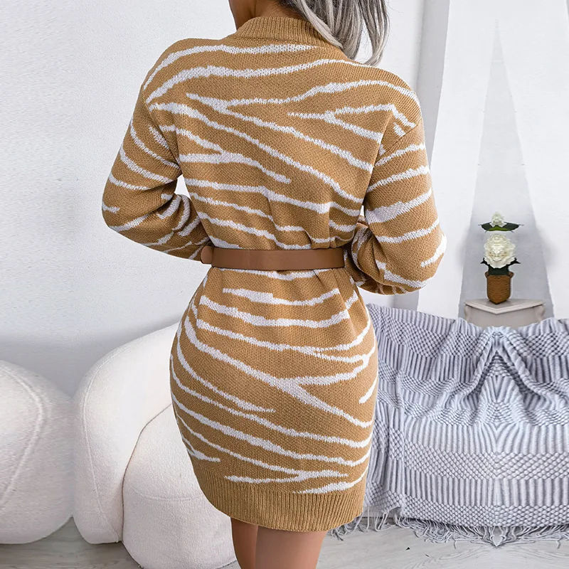 Ficusrong 2023 New Women Autumn Winter O Neck Casual Tiger Pattern Long Sleeve Underlay Woolen Dress For Fashion