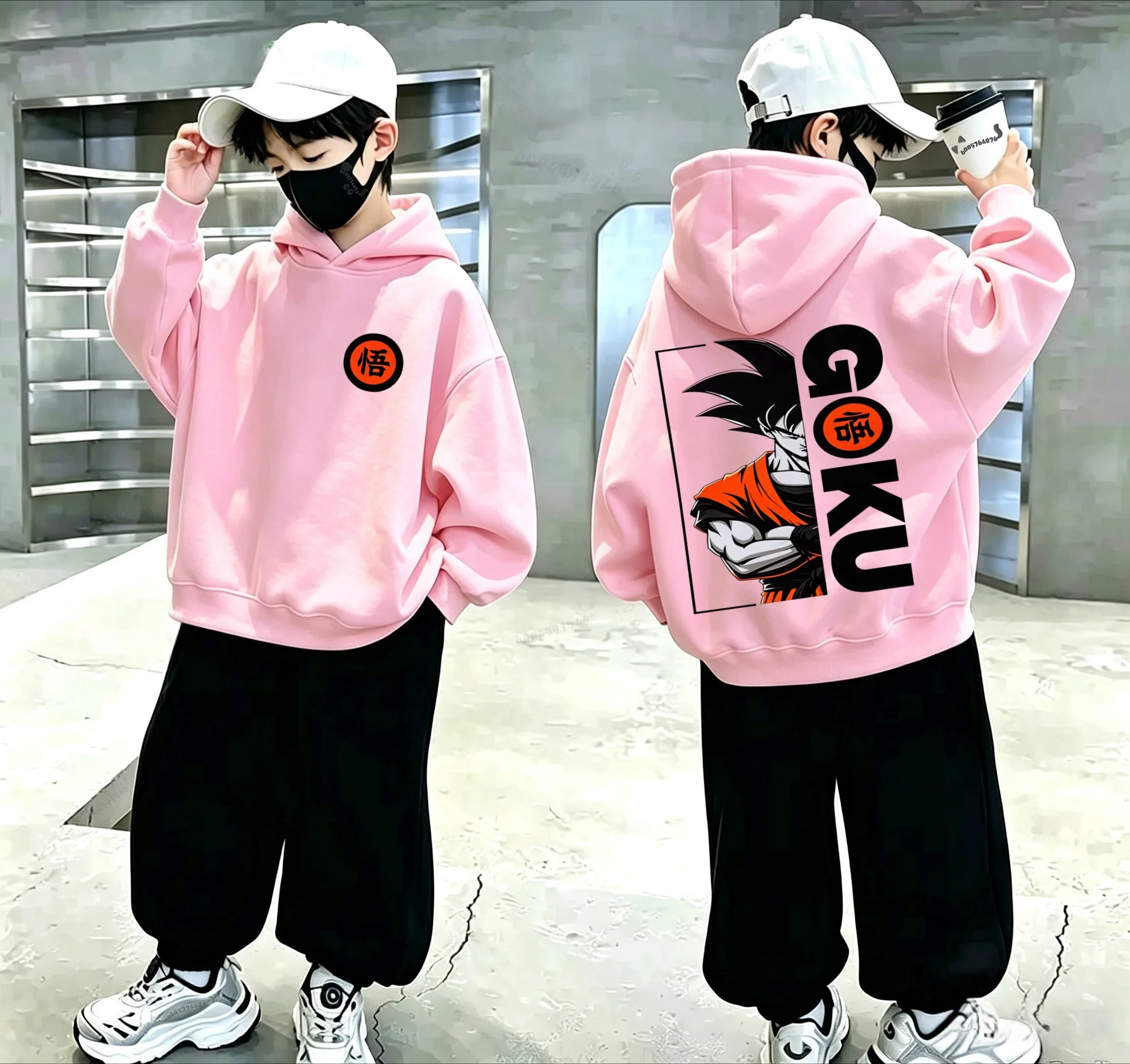 Trendy Children's Hooded Sweatshirt - Goku from Dragon Ball on a Motorcycle - Double-sided Print for Kids' Streetwear Top