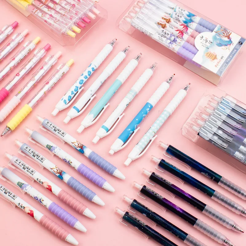 24pcs  Quick drying neutral pen set cute ins bear national style design Silicone Grip 0.5mm black push pen