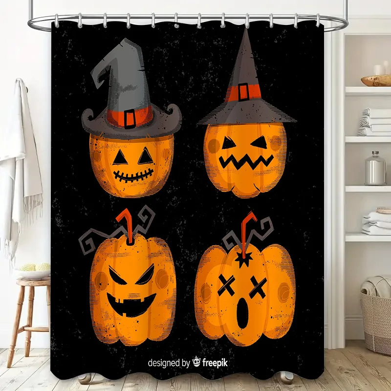 Halloween pumpkin shower curtain, pumpkin-themed bathroom decor, spooky orange Halloween decorations, perfect for your haunted h