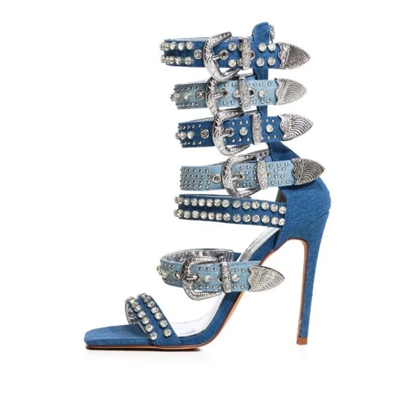 

Western-inspired Buckle Gladiator Sandal Silver Metallic Studded Crystal Strappy Denim Runway Shoes Zipper Banquet Shoes