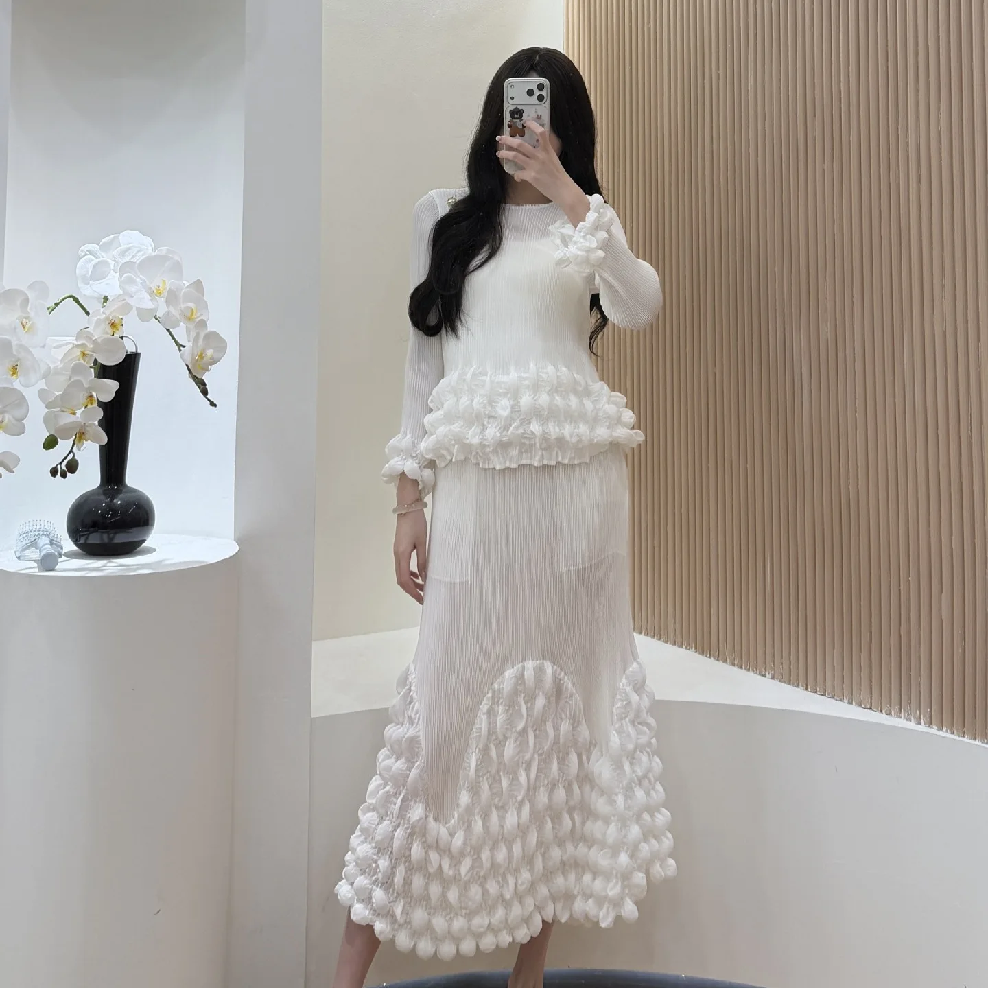 

Pleated Women 2-Piece Set Spring/Autumn 2026 New Arrival Puff-Sleeve Blouse with Elasticated Waist Plus Size Skirt