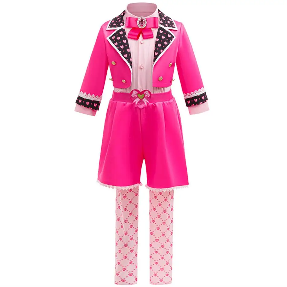 Girls Sweet Pink 4Pcs Outfit Set Heart Patchwork Blazer Lace Trim Shorts Printed Leggings Kids Host Show Carnival  Dress Up