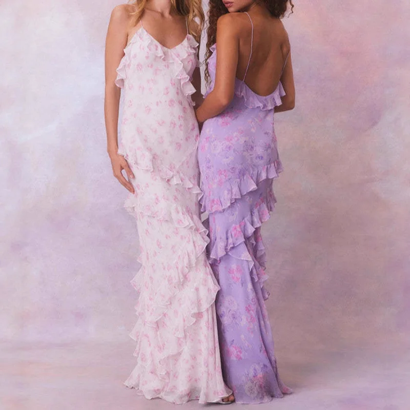 Boho Spring Scollo a V Volant Abito con cinturino per spaghetti Moda Stampa floreale Abiti lunghi slim Abiti maxi estivi vuoti senza schienale da donna