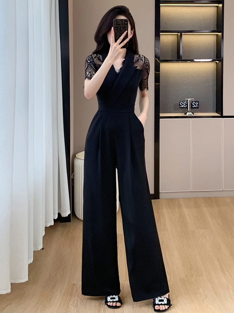 

Женский черный комбинезон с кружевными вставками, летний, элегантный, с V-образным вырезом, коротким рукавом, завышенной талией, широкими штанинами, длинный, для работы, повседневный, на каждый день