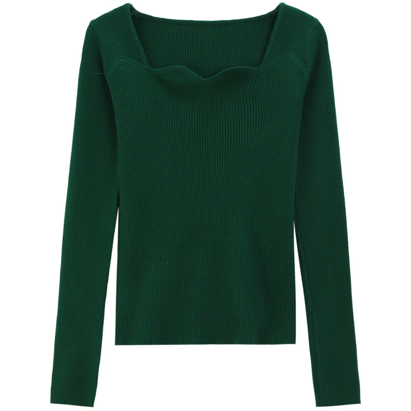 Eleganza francese Chic Wave Cut Sexy Collo quadrato a maniche lunghe Maglia Top Donna Primavera Autunno Dolce Camicia base sottile Pulloves Top