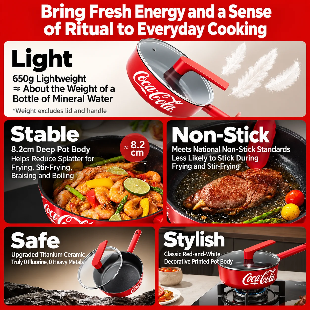 Coca-Cola 24cm Nonstick Frying Pan with Lid Lightweight Titanium Ceramic Deep Wok for Induction Gas Stove Kitchen Cookware Gifts