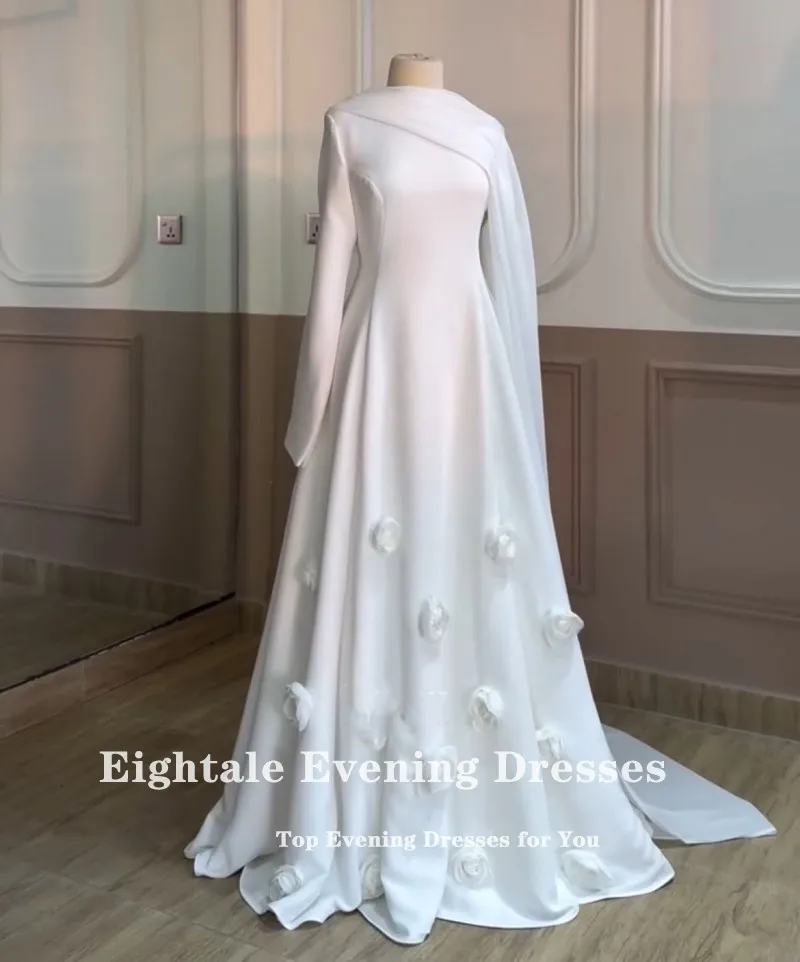 Eightale Arabic Wedding Dress O-Neck Customized Ivory Satin Bridal Gown 3D Flowers A-Line Floor Length Muslim Bride Party Dress