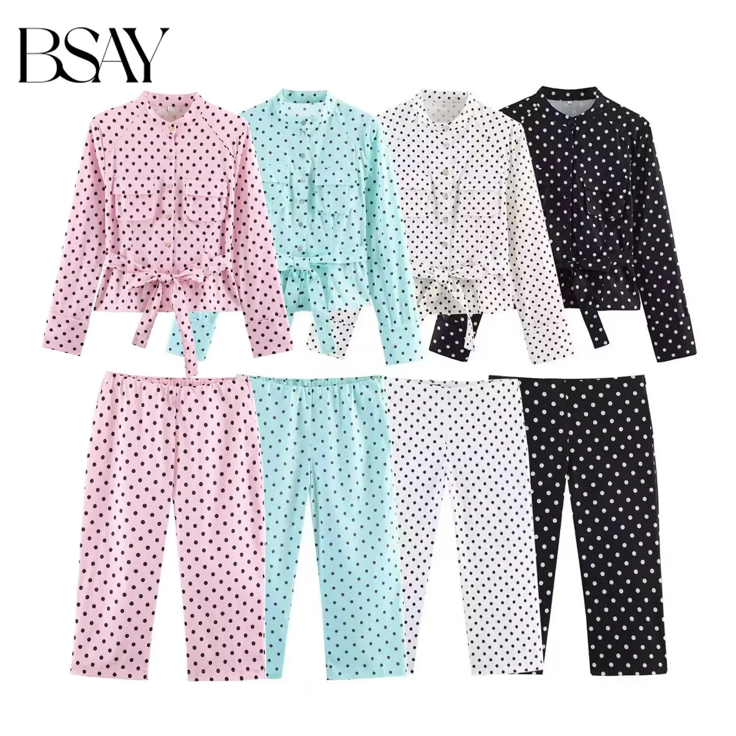 BSAY Women Polka Dot Stand Collar Single Breasted Tie Waist Cropped Long Sleeve Top Elastic Straight Leg Pants Two Piece Outfit