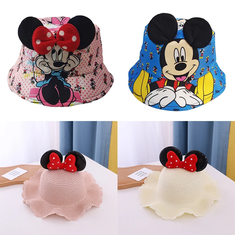 Summer Disney Minnie Mouse Bucket Hat Kawaii Panama Hat Baby Lovely Ear Fisherman Hat for Kid Beach Hats Children\'s Cap Gifts