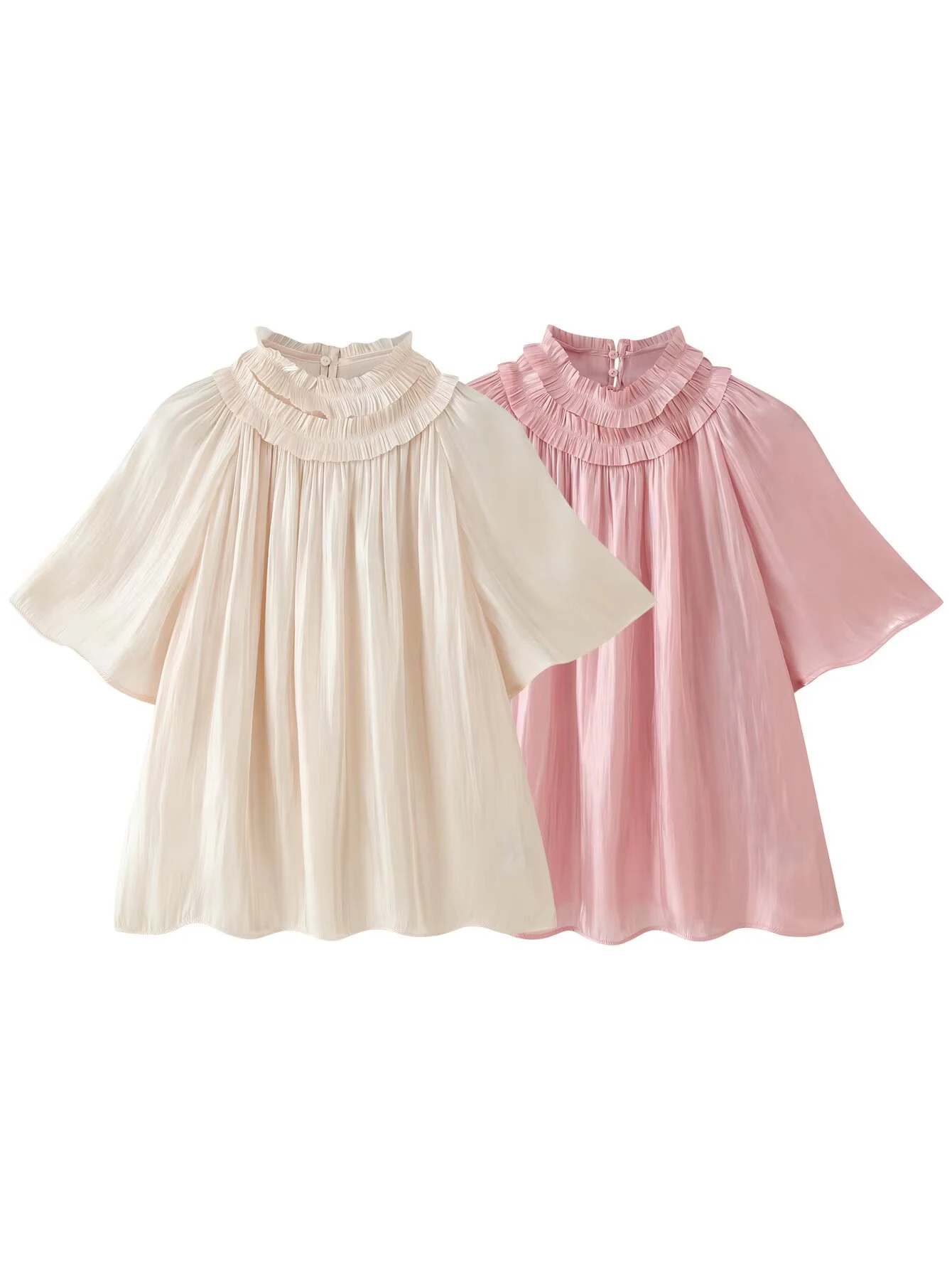 Early autumn new product women's French loose short sleeved round neck pleated glossy effect shirt top