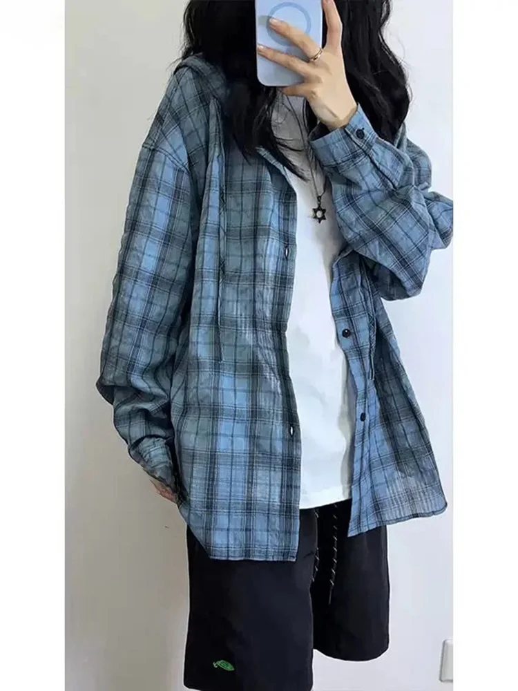 

Blue Plaid Hat irt Men's Summer Thin Ice Silk Breathable Sun Protection Bubble Cloth irt Outerwear Stand Fit Long Sve