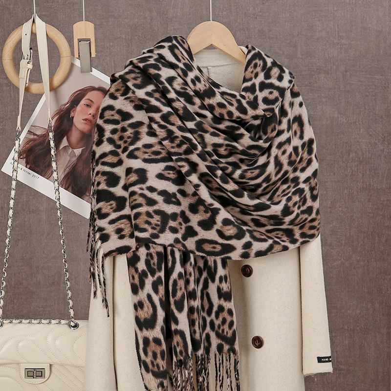 Leopard Winter Scarf Cashmere Tassel Shawl Wrap For Women Soft Femme Winter Warm Blanket Stoles Thick Pashmina 2024 Scarves