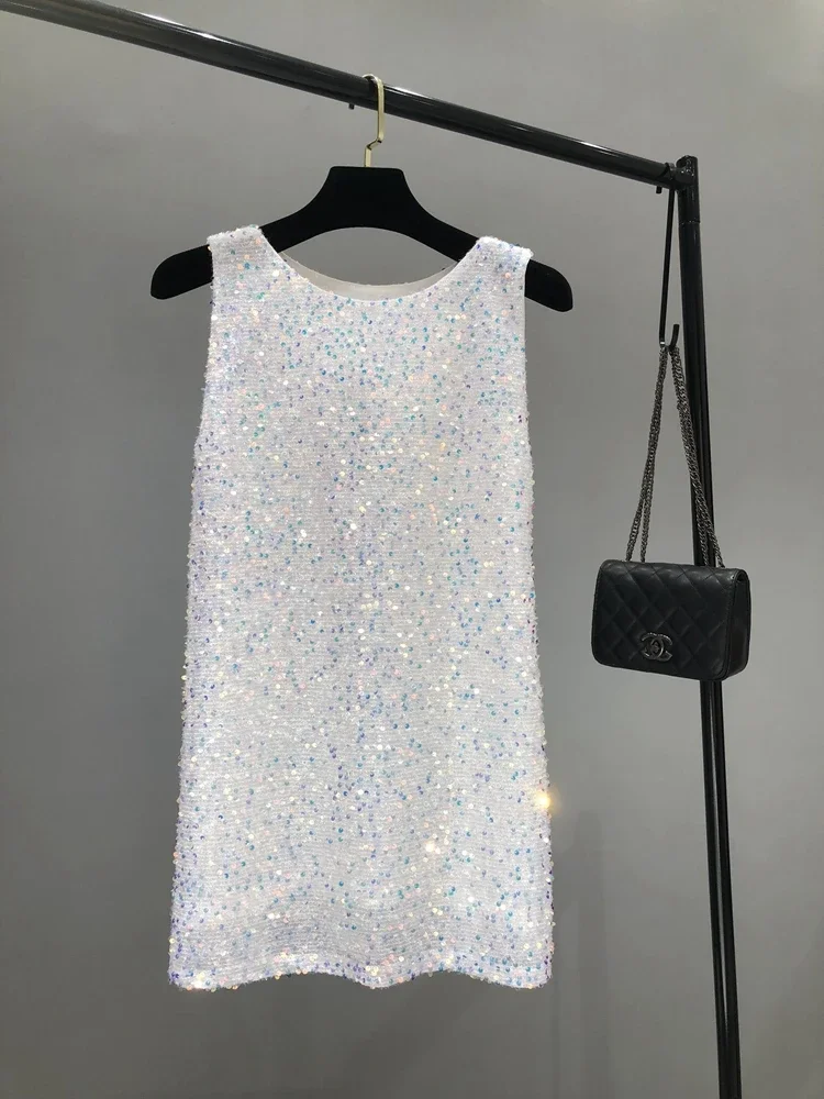 Vestido de cena de princesa elegante por encima de la rodilla para mujer, vestido sin mangas de moda brillante, colección de verano