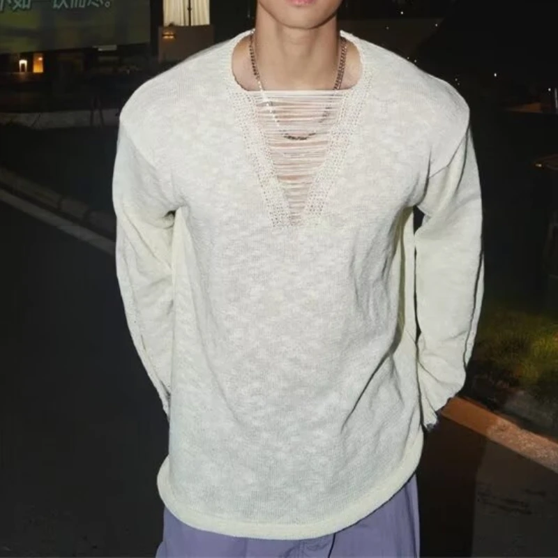 

Spring Hollow Knitted Sweater Men's Deep V Lazy Wind Pullover Sweater Men's Thin Destruction Design Top