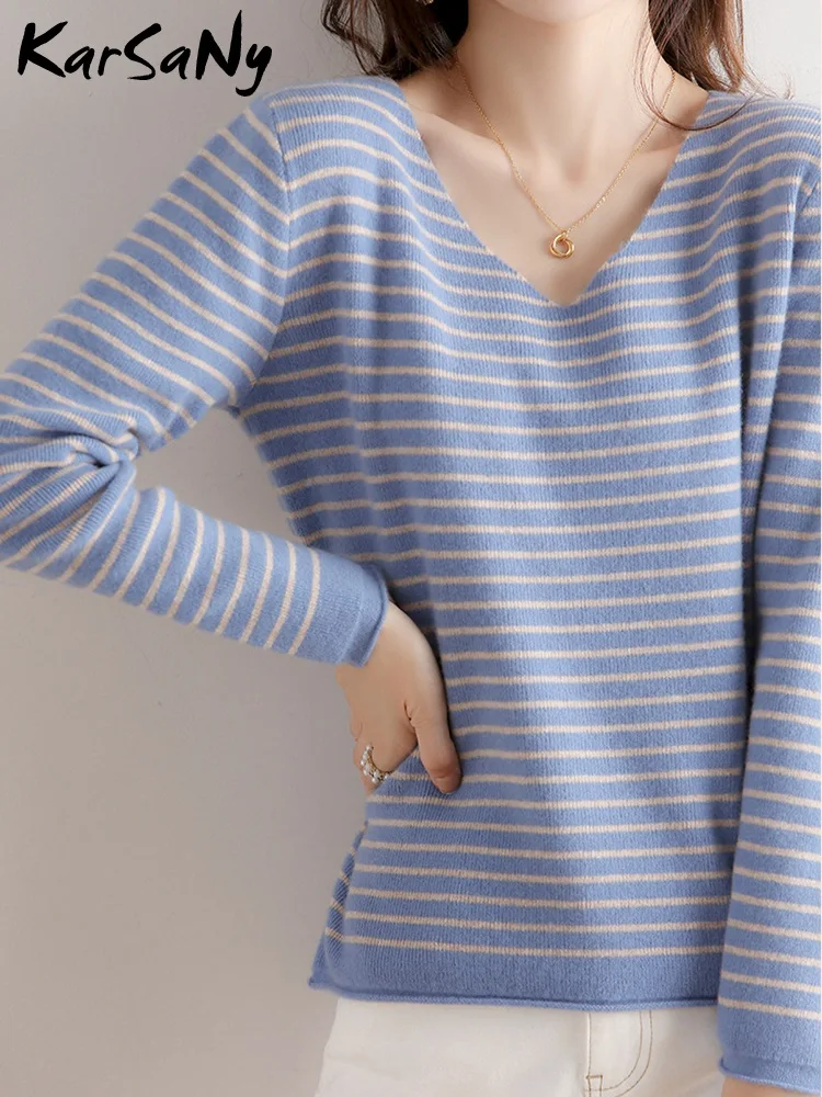 Autumn Vintage Stripe Sweater V Neck Women Knitted Pullover Warm Slim Korean Clothes Casual Pull Women\'s Sweaters For Winter