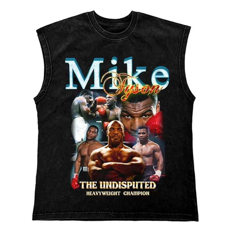 Hip Hop Streetwear T Shirt Men Washed Vest Oversized Cotton Combat Boxing Portrait Graphic Tank Tops 270Gym Tee Top Men Clothing