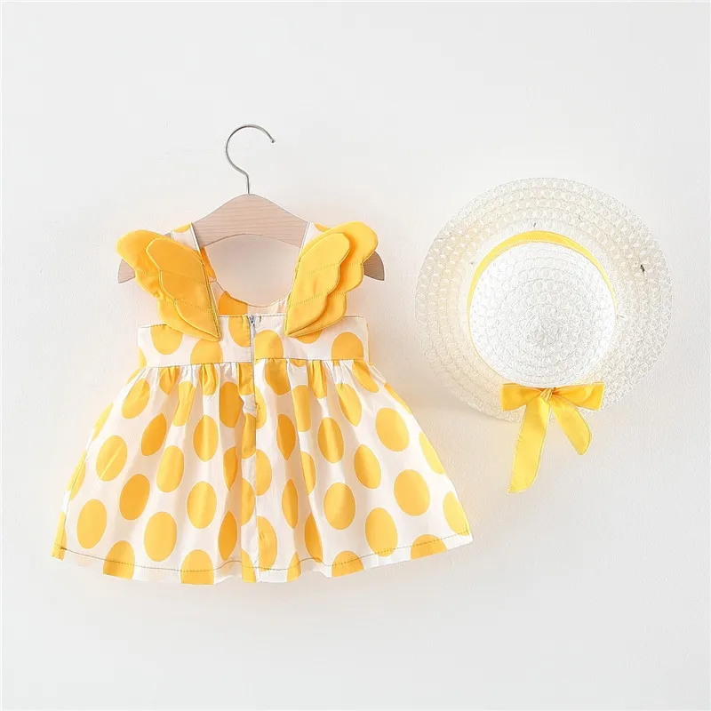 Send A Beach Hat Summer Dress for Baby Girl Korean Style Fashion Sweet Casual Wings Polka Dots Toddler Suspender Dress