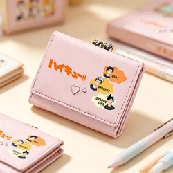 Haikyuu Karasuno VBC Short Wallet Students ID Card Holders Pu Leather Kawaii Coins Purses Girls Pink Money Clutch Mini Hand Bags