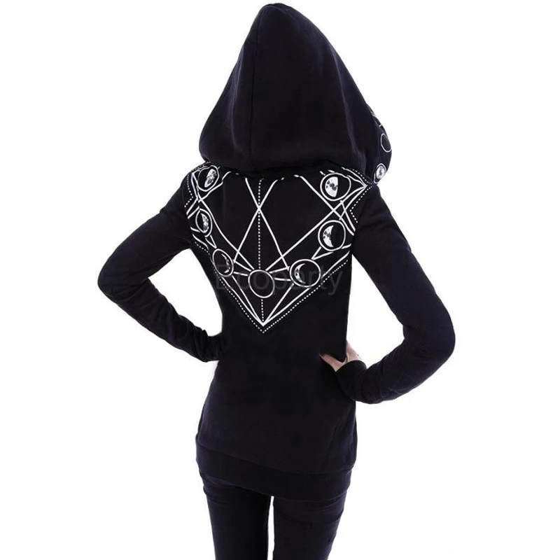 New Gothic Hoodies For Women Punk Hooded Sweatshirts Y2k Black Sun Printed Long Sleeve Zipper Hoodie Pullover Streetwear Female