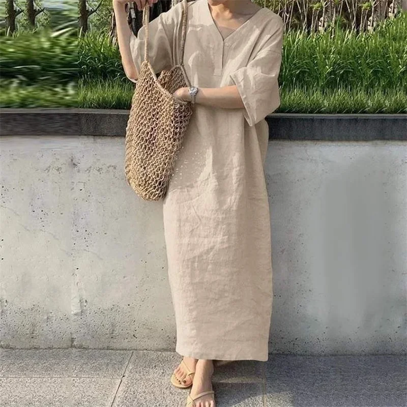 Women Solid Color Cotton Linen Long Dress V Neck Pullover Half Sleeve Dresses Comfortable Casual Gown Female Straight Frock 2024