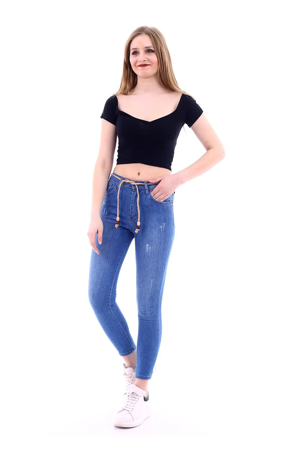 Womens Slim Fit Straw Lace-Up Blue Jeans 2021 New Season Clothing High Waist Skinny Leg Jeans Four Pockets Full Length Flexible