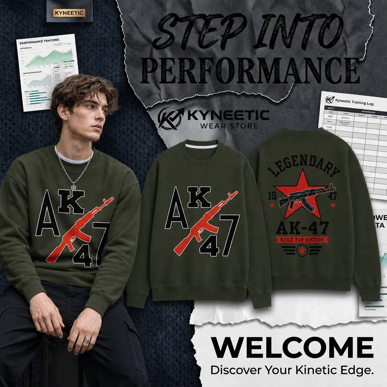 Tactical Rifle Military Printed Crewneck Long Sleeve Sweatshirt Vintage Streetwear Casual Parent-Child Matching Top Halloween
