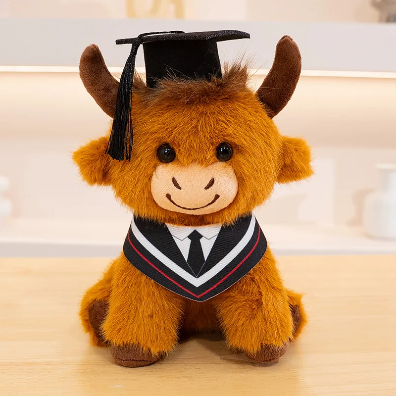 Nice 1pc 25cm Kawaii Phd Highland Cattle Plush Toy Graduation Gift Cute Highland Cow Animal Plush For Graduates Perfect Gift