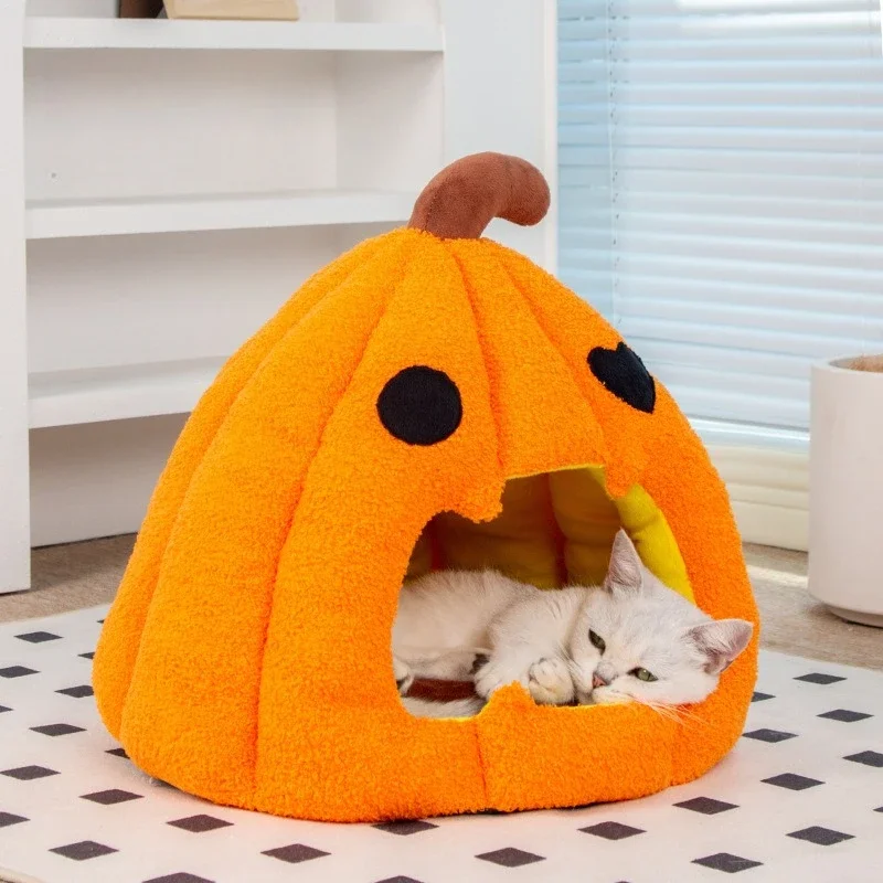 

Halloween Pets Supplies Halloween 3D Pumpkin Cat Litter Autumn Winter Warm Thickened Cat Beds Semi-enclosed Cat Kennel Pets