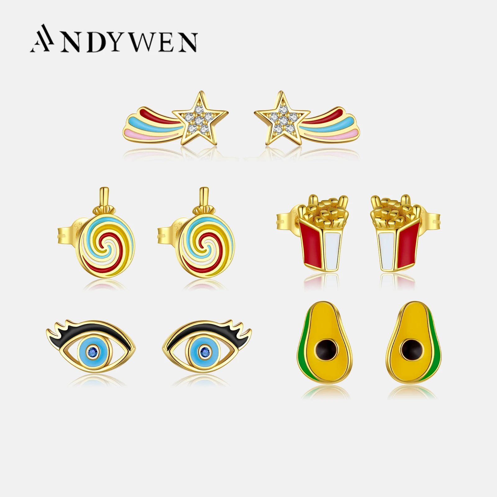 

ANDYWEN 925 Sterling Silver Gold Avocado Lollipop Stud Earring Piercing Potato Chips Pendientes Fine Jewelry Rainbow Star Eye