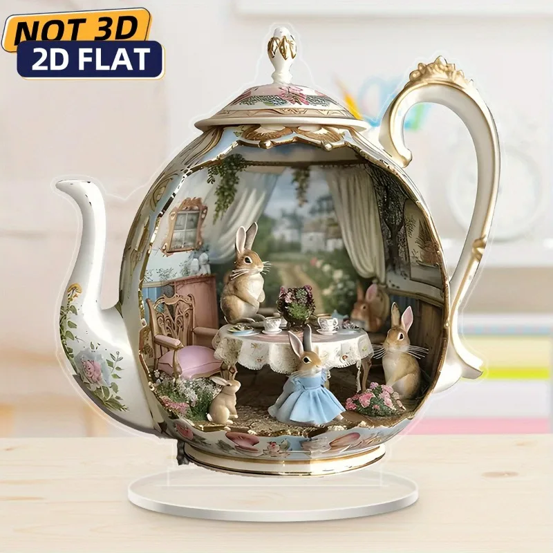 2D Easter Bunny Teapot Acrylic Ornament Festival Desktop Decoration Family Party Scene Decor