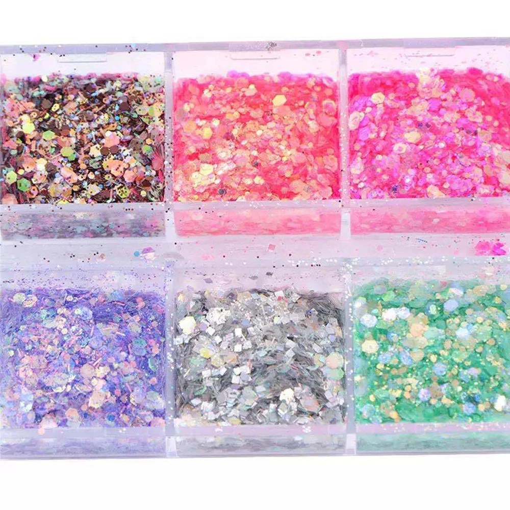 12Set Nail Glitter Holographic Pink BlingBling Mermaid Powder Flakes Shiny Press ON Hexagon Nail Art Pigment Dust Decoration