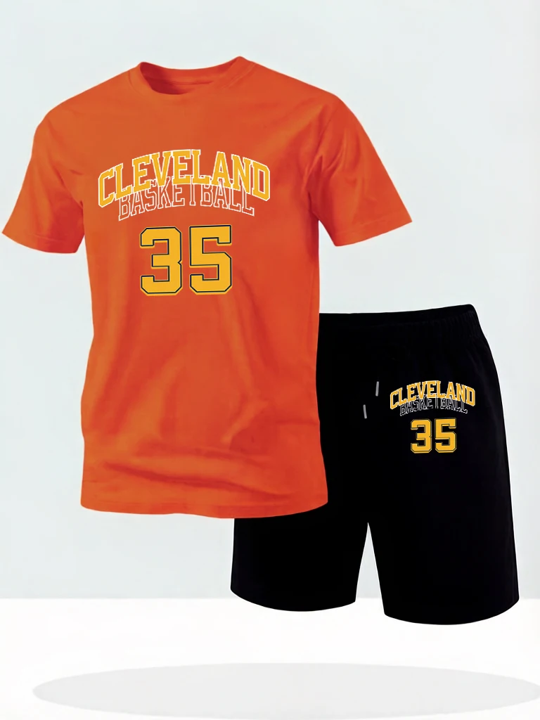

Cleveland Basketball 35 Print Pocket Loose Shorts For Man Sets Summer Simple Running T Shirt Cotton Breathable Street Clothing
