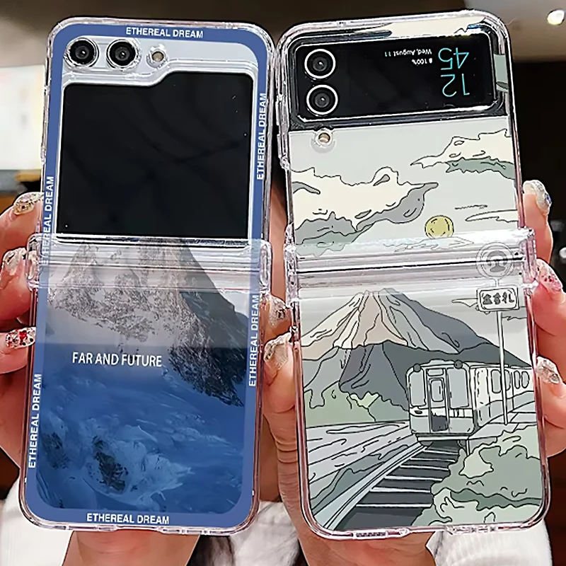 Landschaft Muster Telefon Fall Für Samsung Galaxy Z Flip7 FE Flip5 Flip6 Flip4 Klar Folding Abdeckung Für Samsung Z Flip 7 5 4 3 5G