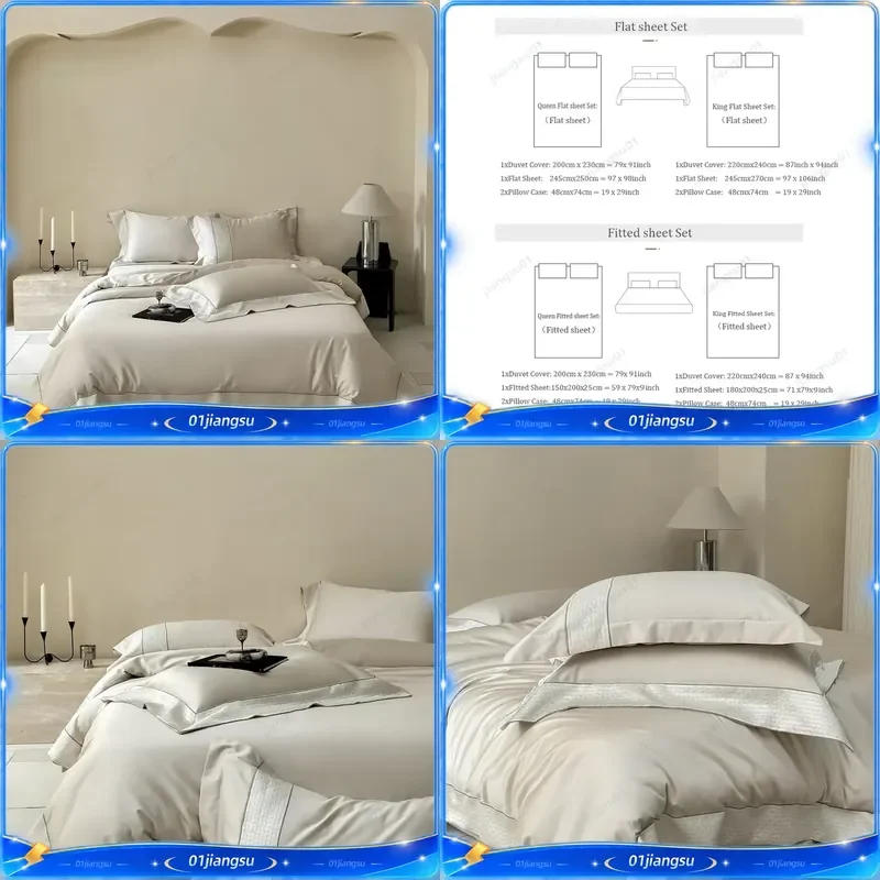 Luxury 1000TC Egyptian Cotton Bedding Set Queen King Size Embroidered Duvet Cover Flat Fitted Sheet Pillowcases 4 Piece