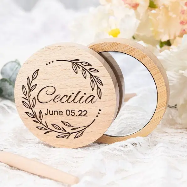 Personalised Wooden Pocket Mirror Engraved Portable Wood Round Makeup Mirrors Guest Wedding Favors Custom Baptism Gift