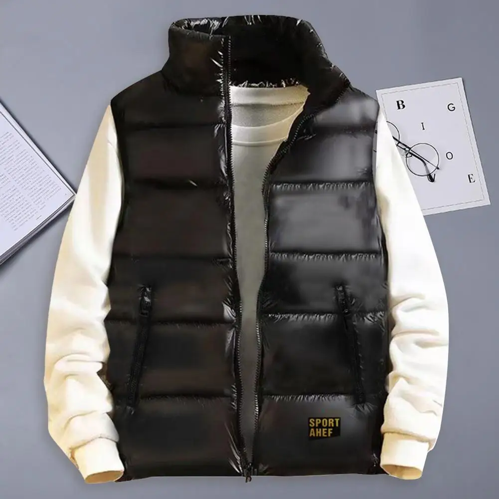 

Water-repellent Vest Men's Stand Collar Sleeveless Thermal Vest Coat with Zipper Closure Pockets Golden Letter Print for Winter