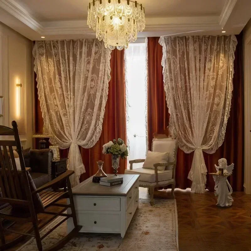 

Caramel Velvet Lace Luxury Curtains for Living Room Bedroom Blackout Retro American Thick Velvet Embroider Tulle Custom Window