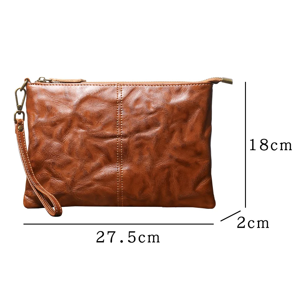 Handmade Genuine Cowhide Leather Large Capacity iPad & Document Holder with Distressed Texture, Retro Men's Wristlet Clutch