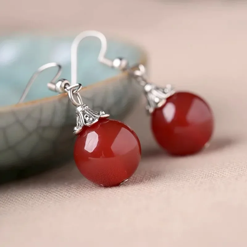 Original 925 Silver Natural Red Agate Jade 10mm Beads Earrings DIY By Hand Accessories Women Gifts Jewelry Amulet Customized