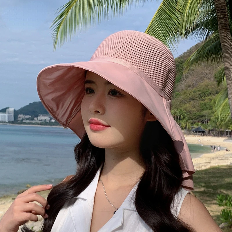 Summer Women Bucket Hat with Shawl Lightweight Breathable Mesh Face Neck Protection Sun Hat Bow Pleat  Beach Cap Design Travel