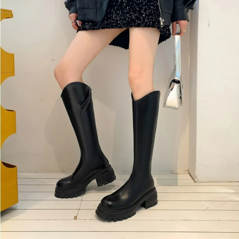 

Retro British Style Women's Knight Boots Chunky Heel Thick Sole Over-the-Knee High Boots Autumn New 2025 V Shape Trendy