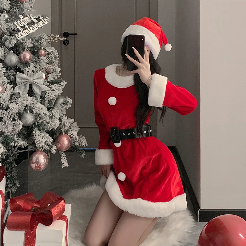 2025 Sexy Christmas Cosplay Lingerie Women Underwear Red Lace Feather Dress Babydoll Nightgown Sleepwear Sexy Role Play Outfit
