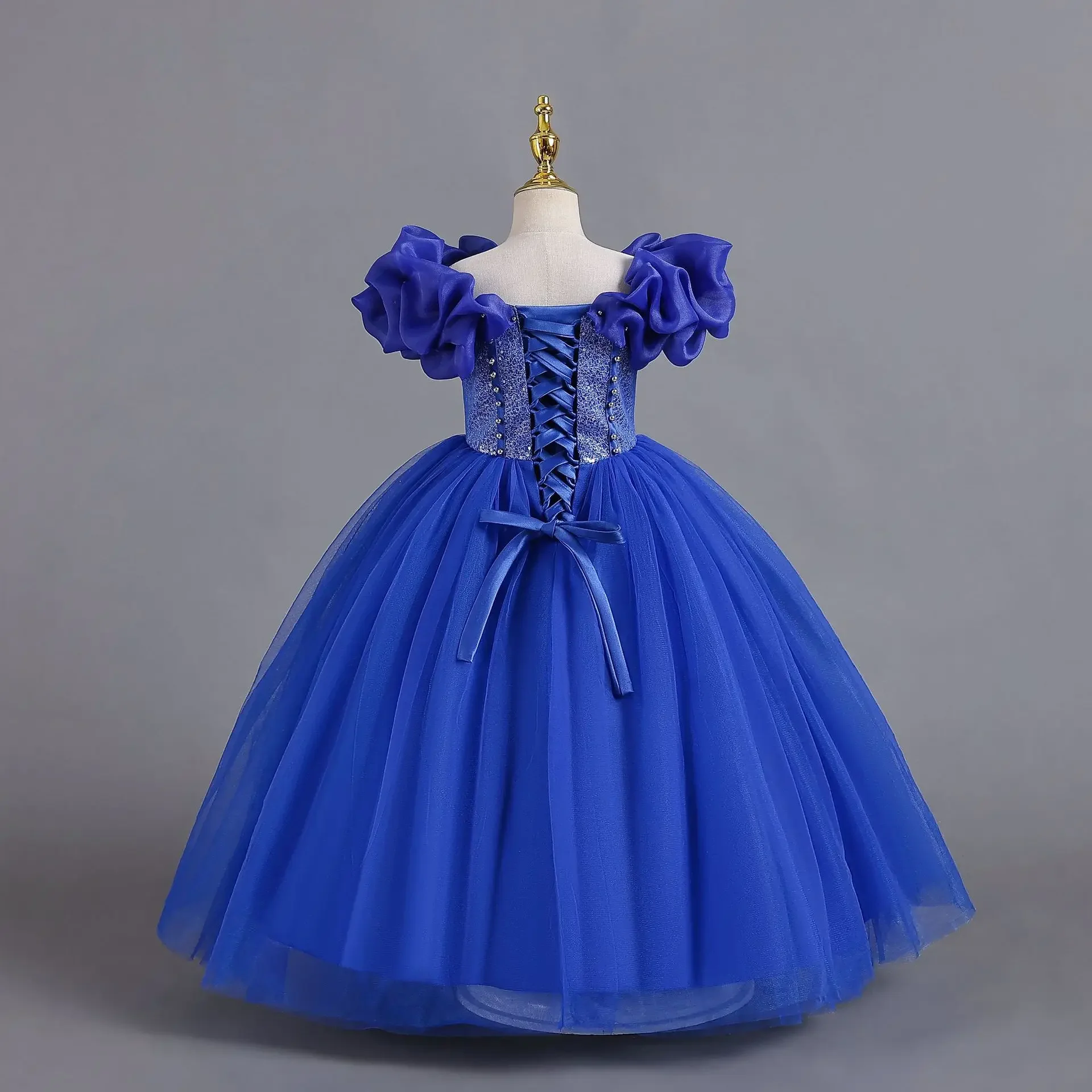 Ribbon Back Beading Children's Dress Girl Party Luxury Evening Princess Prom Elegant Bridesmaid Kid's Dress For Christmas 3-12Y