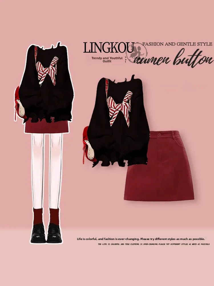 Elegant Knitted Sweater And High Waist Short Denim Skirt Set for Women Trendy Autumn Outfit Slimming Effect Casual Wear